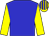 Blue body, yellow arms, yellow cap, blue striped