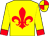 Yellow, red fleur de lys, yellow sleeves, red cuffs, quartered cap