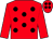 Red body, black spots, red arms, red cap, black spots