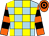 Light blue and yellow check, orange and black hooped sleeves and cap