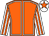 Orange, white seams, white and orange striped sleeves, white cap, orange star