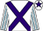 White, purple cross belts, white and light blue striped sleeves, white cap, purple star