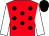 Red, black spots, white sleeves, black cap