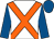 White, orange crossed sashes, royal blue sleeves and cap