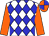 White body, blue diamonds, orange arms, orange cap, blue quartered