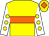 Yellow body, orange hoop, white arms, yellow spots, yellow cap, orange diamond