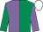 Emerald green and mauve halved, sleeves reversed, white cap