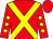 red, yellow cross sashes, yellow spots on sleeves, red cap