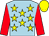 Light blue, yellow stars, red sleeves, yellow cap