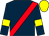 dark blue, red sash, yellow armbands, yellow cap