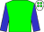 Green body, blue arms, white cap, green spots