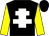 Black body, white cross of lorraine, yellow arms, black cap