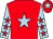 Red, light blue star, light blue sleeves, red stars, red cap, light blue star