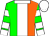 Green andorange halved vertically,broad white stripe,hooped sleeves, white collar,cuffs and ca