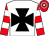 White, black maltese cross, red and white hooped sleeves and cap