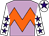 lilac, orange chevron hoop, white sleeves, purple stars, white cap, purple star