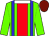 Luminous green, red broad stripe, blue braces, white collar, bright yellow cap