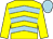 Yellow, light blue chevrons, yellow sleeves, light blue cap