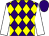 Purple and yellow diamonds, white sleeves, purple cap