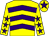 Yellow, purple chevrons, yellow sleeves, purple stars, yellow cap, purple star