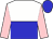 White and blue halved horizontally, pink sleeves ,blue cap