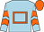 Light blue, orange hollow box, orange chevrons on sleeves, orange cap