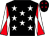 Black, white stars, white and red diabolo on sleeves, black cap, red stars