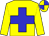 Yellow body, blue cross, yellow arms, yellow cap, blue quartered