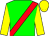 Green body, red sash, yellow arms, yellow cap