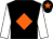 Black, orange diamond, white sleeves, black cap, orange star