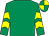 Emerald green, yellow chevrons on sleeves, quartered cap