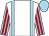 White, light blue braces, light blue and red striped sleeves, light blue cap