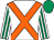 White, orange cross sashes, white & emerald green striped sleeves, emerald green cap