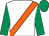 white, orange sash, emerald green sleeves and cap