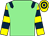 Light green, dark blue epaulets, yellow and dark blue hooped sleeves and cap