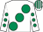 White, large emerald green spots, emerald green spots on sleeves, striped cap