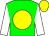 Green body, yellow disc, white arms, yellow cap