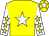 Yellow body, white star, white arms, yellow stars, yellow cap, white star