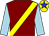 Maroon, yellow sash, light blue sleeves, yellow cap, blue star