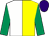 Yellow & white halved, emerald green sleeves, purple cap