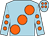 Light blue, large orange spots, orange spots on sleeves, light blue cap, orange spots