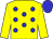 Yellow, blue spots, yellow sleeves, blue cap