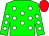 Green body, white spots, green arms, white spots, red cap