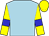 light blue, yellow sleeves, blue armlets, yellow cap