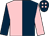 Dark blue & pink halved, sleeves reversed, dark blue cap, pink spots