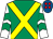 Emerald green, yellow cross belts, white and emerald green chevrons on sleeves, royal blue cap, red spots