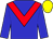 Big-blue body, red chevron, big-blue arms, yellow cap