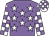 Mauve body, white stars, white arms, mauve checked, white cap, mauve checked