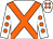 white, orange cross sashes, white sleeves, orange spots, white cap, orange spots