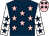 Dark blue, pink stars, white sleeves, dark blue stars, pink cap, dark blue stars